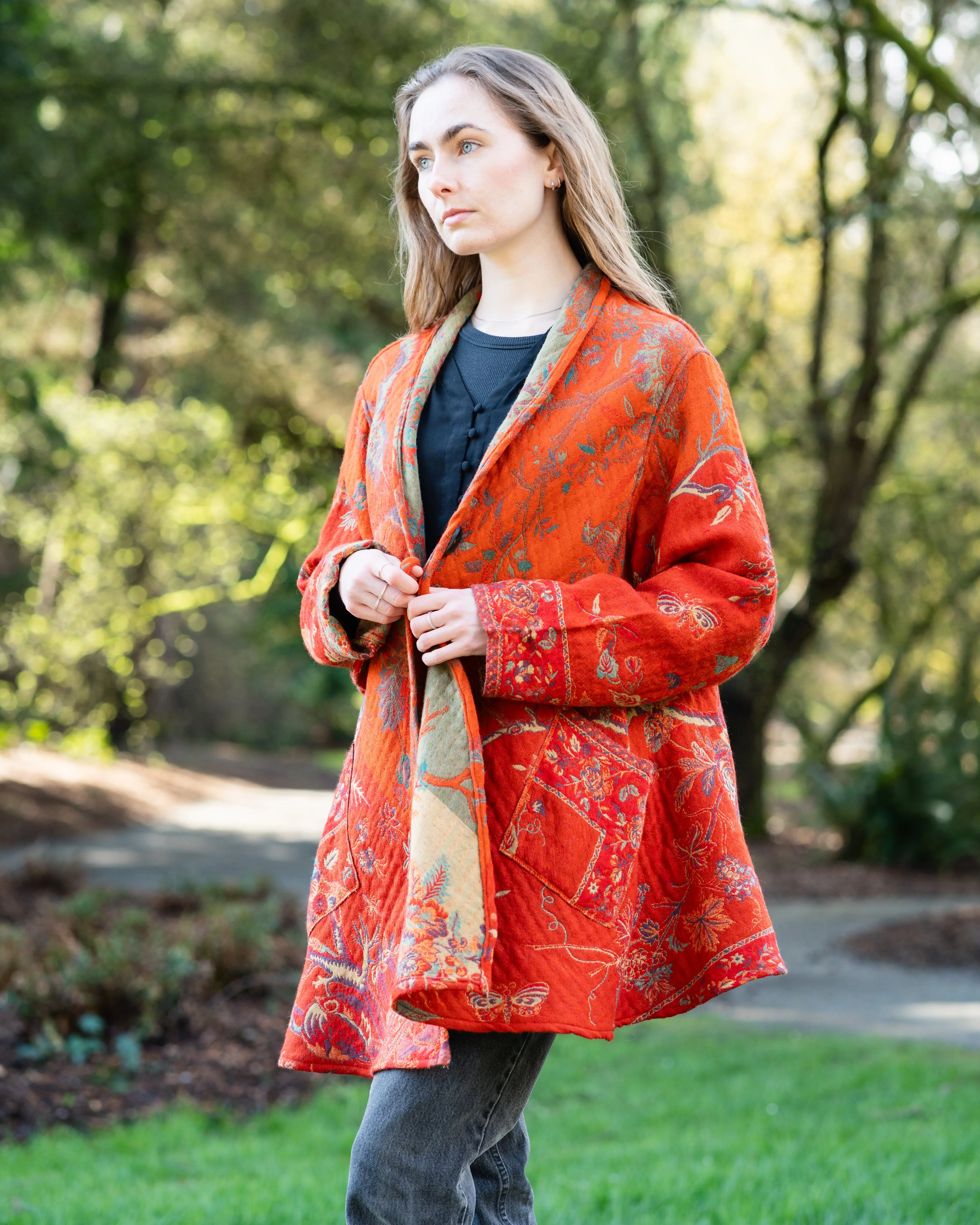 Women's Oversized A-Line Wool Duster Coat - Button-Front, Long Sleeves, Tangerine, Hip Length, Soft, Pockets, Workwear Uniform, Casual, Reversible, Statement Outerwear, Complimentary Storage Bag, Dry Clean Recommended, Special Clothing, Loose Fit