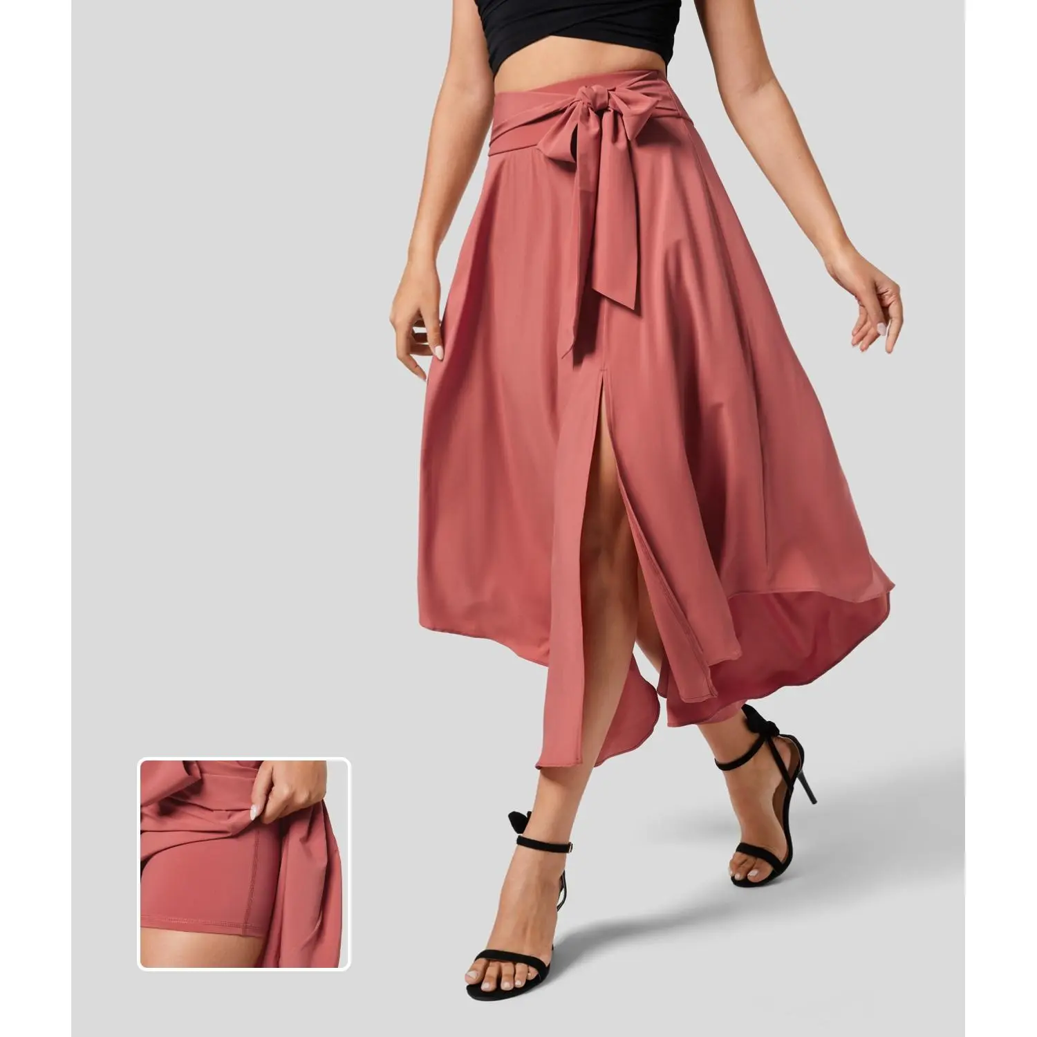 Halara Breezeful High Waisted Tie Side Split 2-in-1 Curved Hem Flowy Flare Quick Dry Midi Casual Skirt #BackToSchool