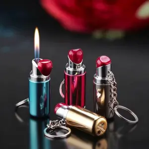 Mini Lipstick Shaped Women Lighter Creative Portable Key Chain Flame Butane Gas Cigarette Lighters for Collection
