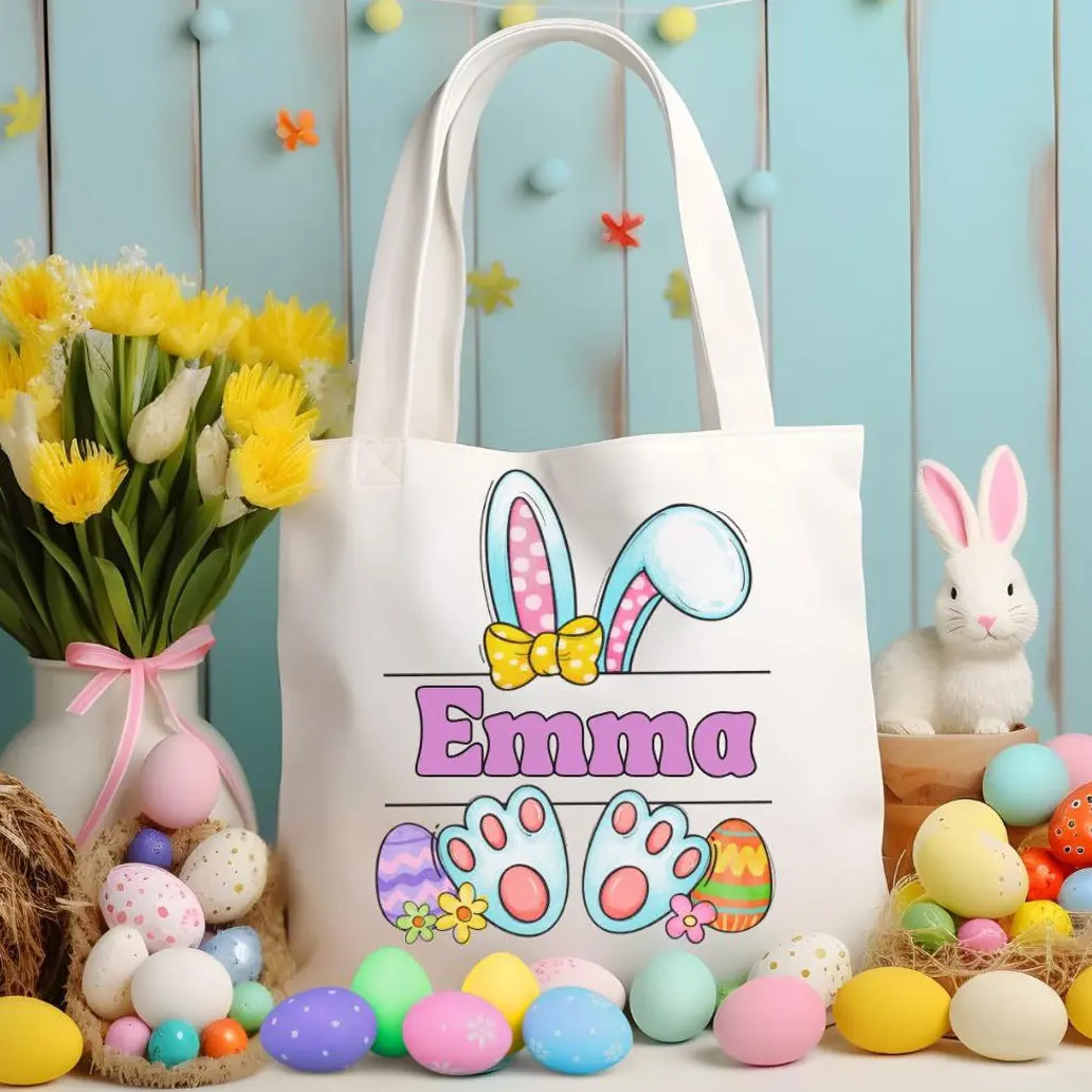 Personalized Easter Bunny Tote Bag, Custom Name Bunny Ears Tote, Kids Easter Basket Canvas Bag, Cute Bunny Feet Tote, Easter Gift for Kids