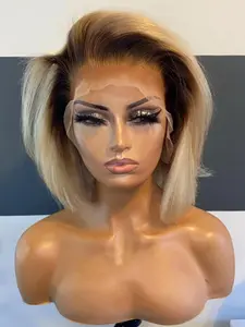 1 Piece 14Inches Long Soft Ombre Blond Straight Hair 180 Density Hair Wig Lace Front Wig, With Baby Hair Pre Plucked And For Women Wear Daily Use 13x4x1