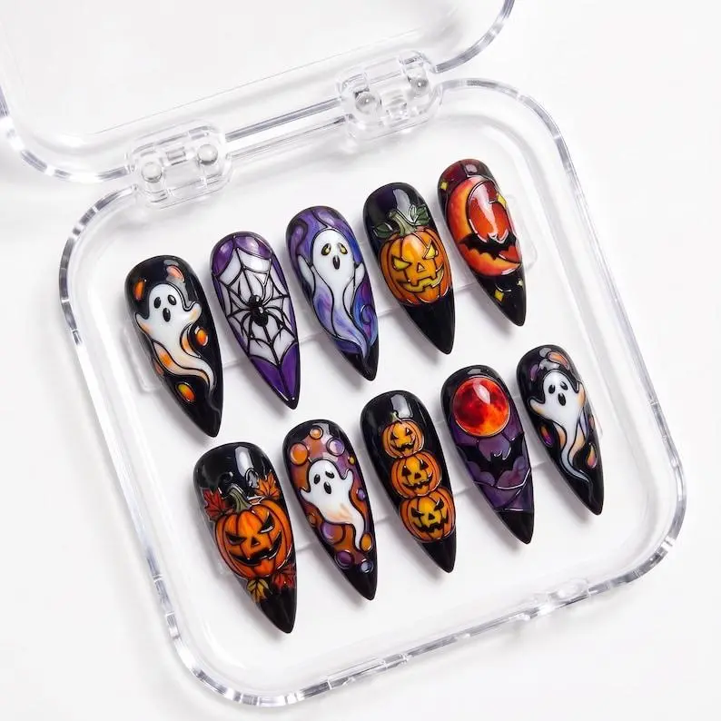 Cute Ghost Pumpkin Halloween Press On Nails Red Moon Bat Acrylic Fake Nails Gothic Style for Halloween Party Gift