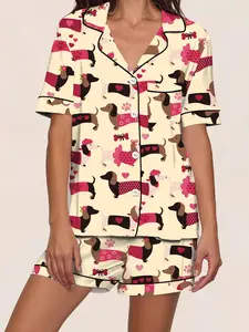 Cute Sausage Dog Print Pajama Set, Pjs, Women's Short Sleeve Cardigan & Shorts Homewear, Loungewear, Two-Piece Set, Comfortable Sleepwear