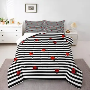 Ladybug Pattern Comforter Set,Black Stripes Bedding Set,Adults Teens,Children Red Ladybug Luxury Cartoon Theme Quilt Set,Room Decor