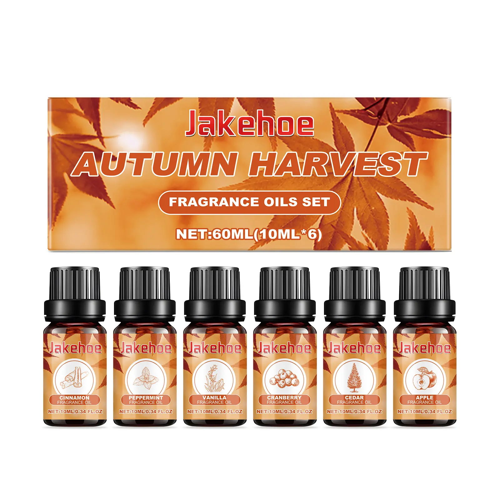 Jakehoe Autumn Leaf Aromatherapy Set - Long-Lasting Warm Cedar Blend Indoor Home Fragrance Kit with Cool Mint, Cinnamon Oil, Triba Seed Oil, Humidifier Compatibility, Spray, Soap, Candle, Diffuser for Diffusion, Indoors