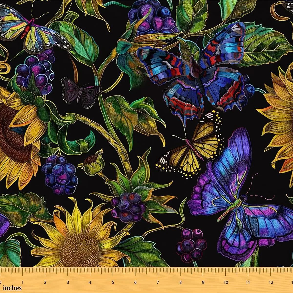 Purple Butterfly Fabric Retro Watercolor Sunflower Leaves Soft Flannel Polyester No Stretch Botanical Floral Rustic Garden Fabric Clothing Sewing and Home