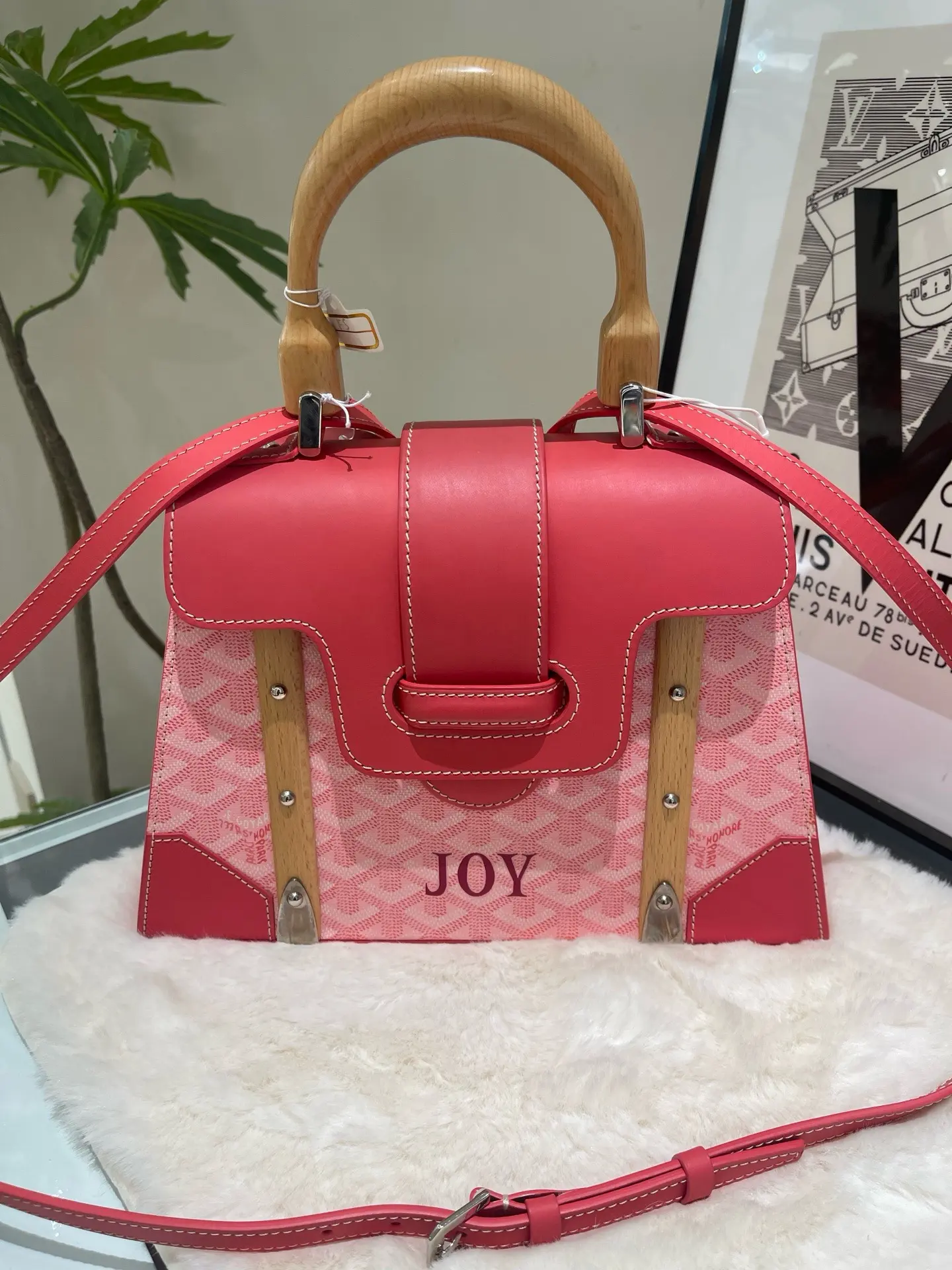 Pre-owned Goyard Mini Saigon Pink Canvas Handbag with Wooden Handle, Daily Use Fashion Elegant Shoulder Purse, Daily Use Purse