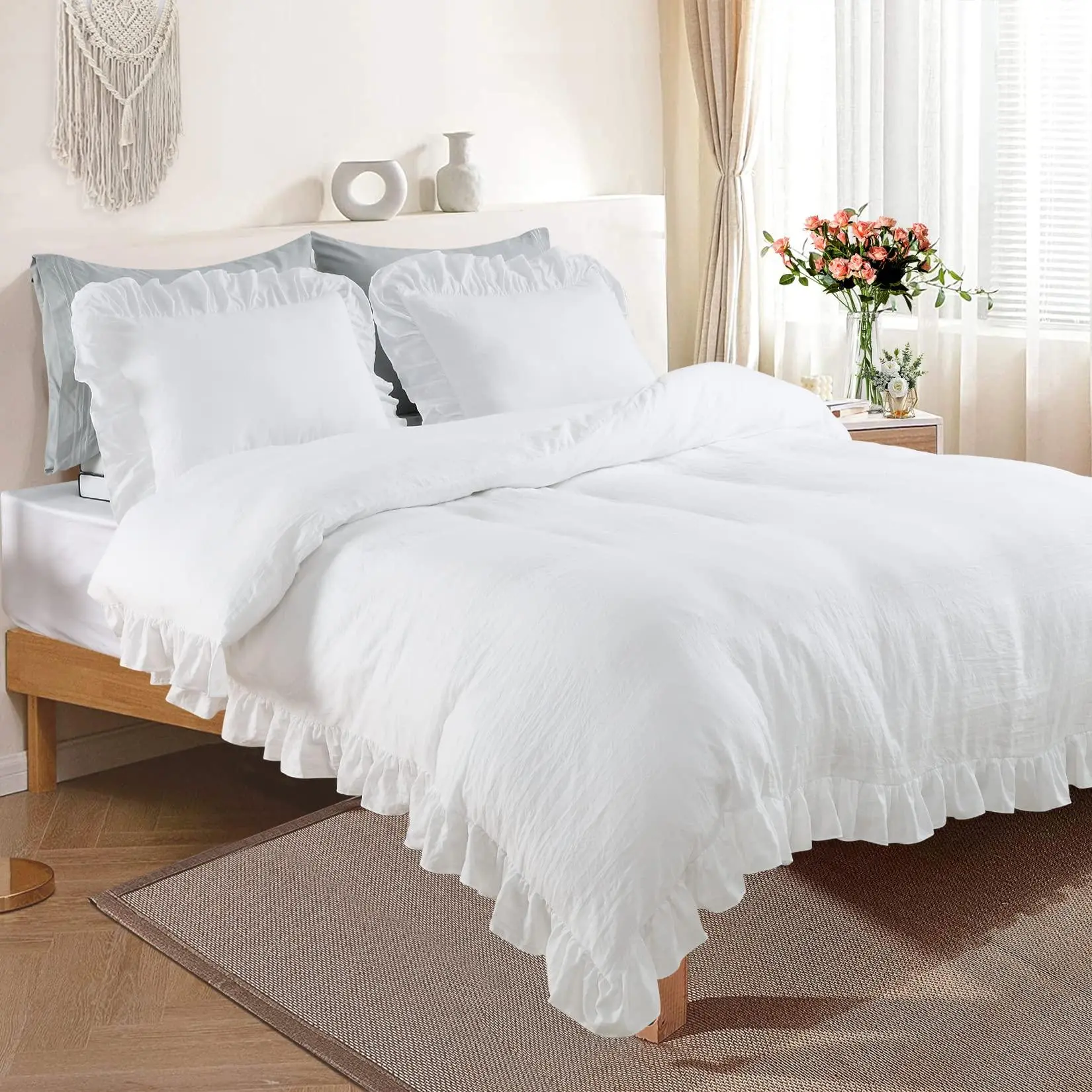 3-Piece Queen Duvet Cover Set with Ruffled Fringe & Hidden Buttons, Soft Washed Vintage Textured Bedding with Corner Ties & Envelope Closure, Includes 1 Duvet Cover 90x90 & 2 Pillow Shams (White)