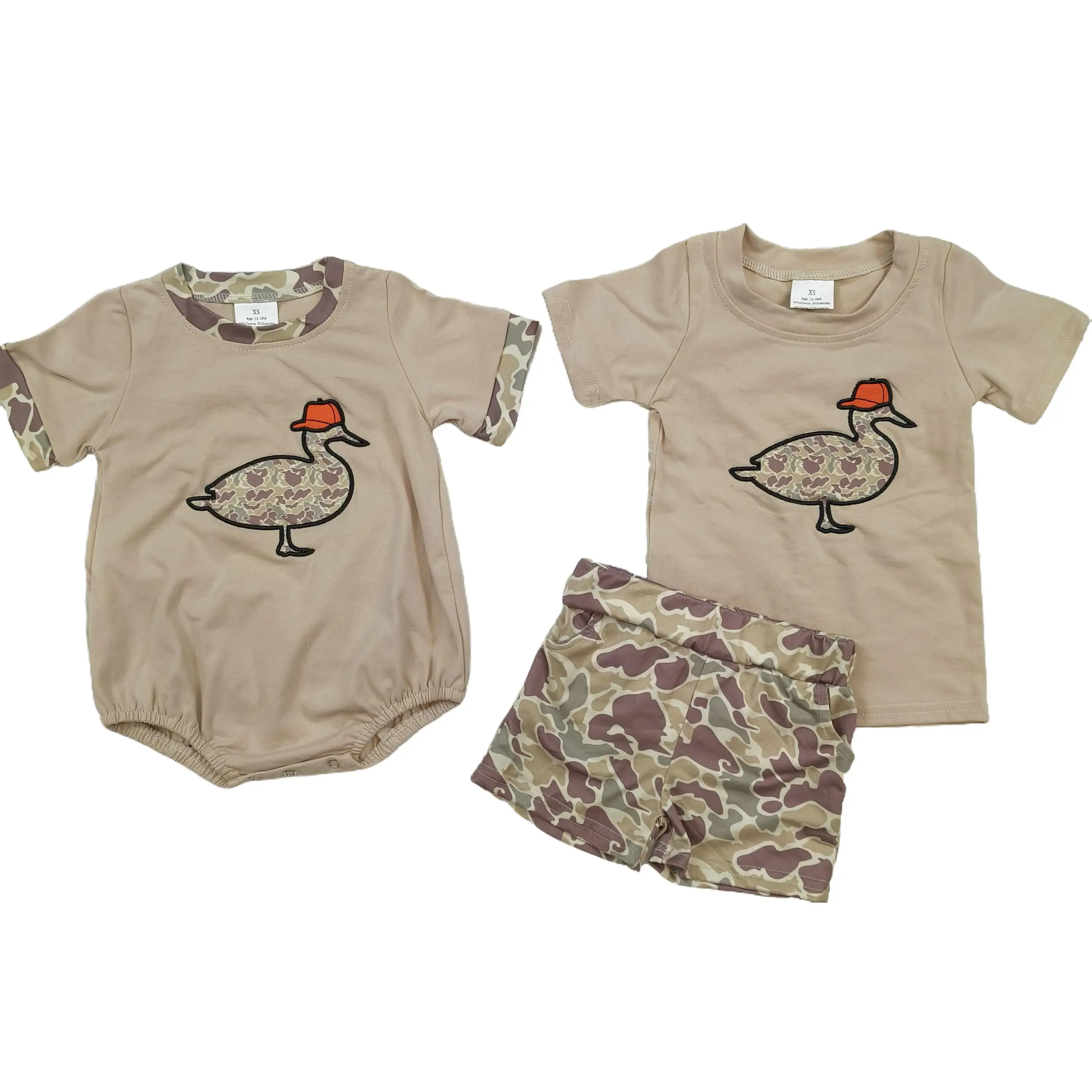 Boys' 2-Piece Outfits Set, Toddler Casual Camouflage Short Sleeve Shirt and Shorts, Milk Silk Cotton Blend with Embroidered Duck, Fitted, 3T