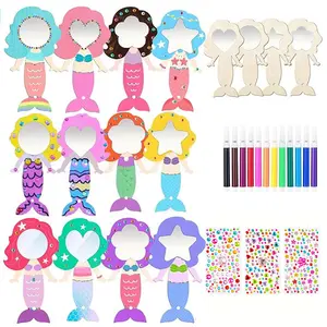 12 Piece Mermaid DIY Wood Mirror Set with Color Pencils, Hand Drawn Cartoon Style, Polished Surface, Wooden Craft Kit, Crafting Kit