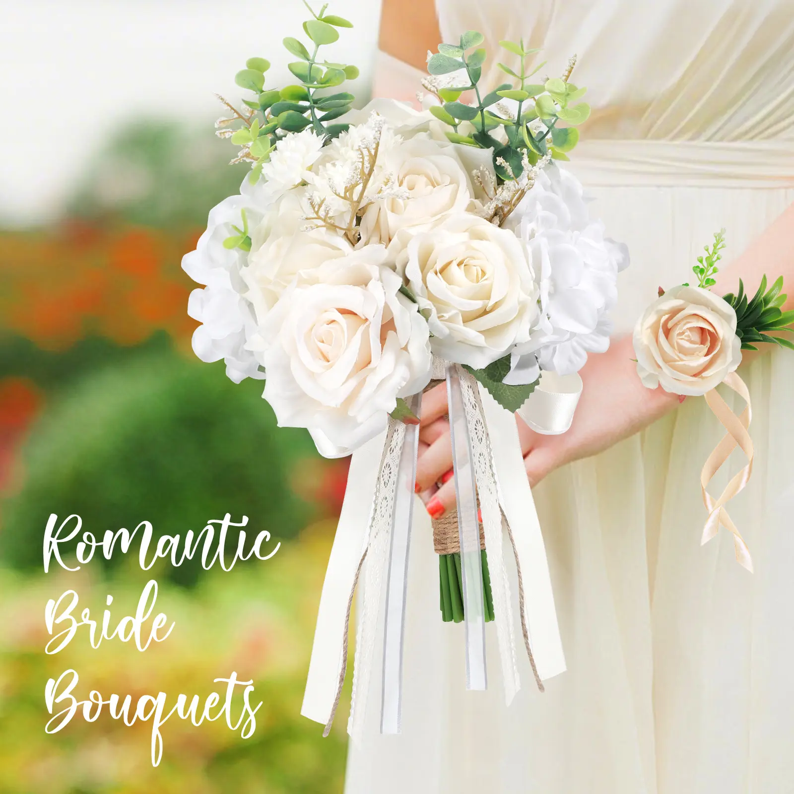 Artificial Flowers Decorative Floral Arrangement Centerpiece - Bride & Bridesmaids Wedding Bouquets, White & Champagne Roses with Ribbon Bows, Suitable for Weddings, Home Decor