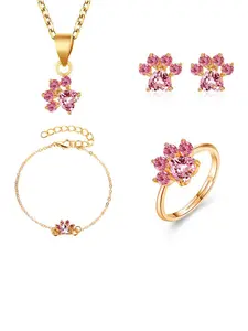 Cute Cartoon Cat Paw Necklace Earrings Set, Four-Piece Jewelry Kit, Cat Print Ring Bracelet for Women, Adorable Animal Accessories