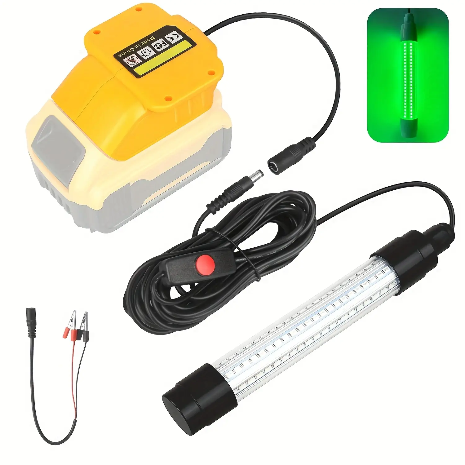 IP68 Submersible Green LED Underwater Fishing Light, Fish Attractor Lamp Compatible with DeWalt 20V Batteries, 13W 16FT Power Cord, Portable Fish Attracting Light for Boat, Dock, Ice, Kayak & Night Fishing, 1300 Lumens (Battery Not Included)