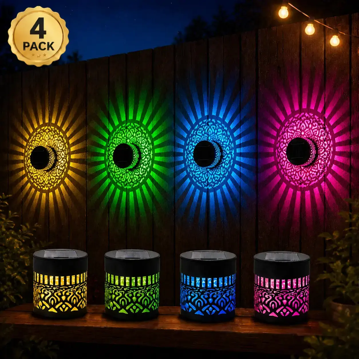 Solar Mandala Projector Wall Lights - 1/2/4 Pack Solar Illuminated Automatic Waterproof Metal Fence Lights, Christmas Decoration for Garden Landscaping, Patio, Outdoor Wall Lights, Beautiful Mandala Projection, Mandala Wall Art