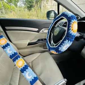 Crochet Sunflower Pattern Car Steering Wheel Cover, Non-slip Car Steering Wheel Protector, Seat Belt Shoulder Pad, Universal Car Interior Decoration Accessories for Women & Men, Car Interior Accessory