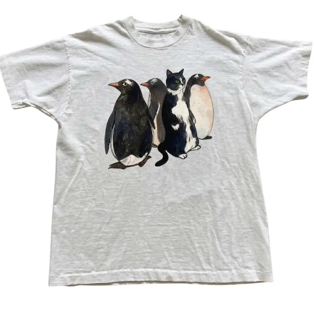 The Cat And Penguins Graphic Tee, Funny Animal Shirt, Cute Peng Shirt, Crew Neck, Menswear Top, Womenswear Top Underwear Streetwear