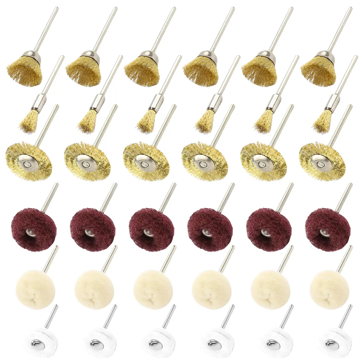 Rotary Tool Brush Set 36-Piece - 1/8" Shank Wire Wheel Brushes, Wool Buffing Wheels, Felt Polishing Pads, Brass & Nylon Brushes for Jewelry Metal Cleaning, Finishing & Polishing