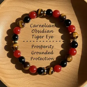 Triple Protection Bracelet - 8mm Tigers Eye Obsidian Carnelian Stone Bracelet - Healing Crystal Bracelet Gift for her, gift for him