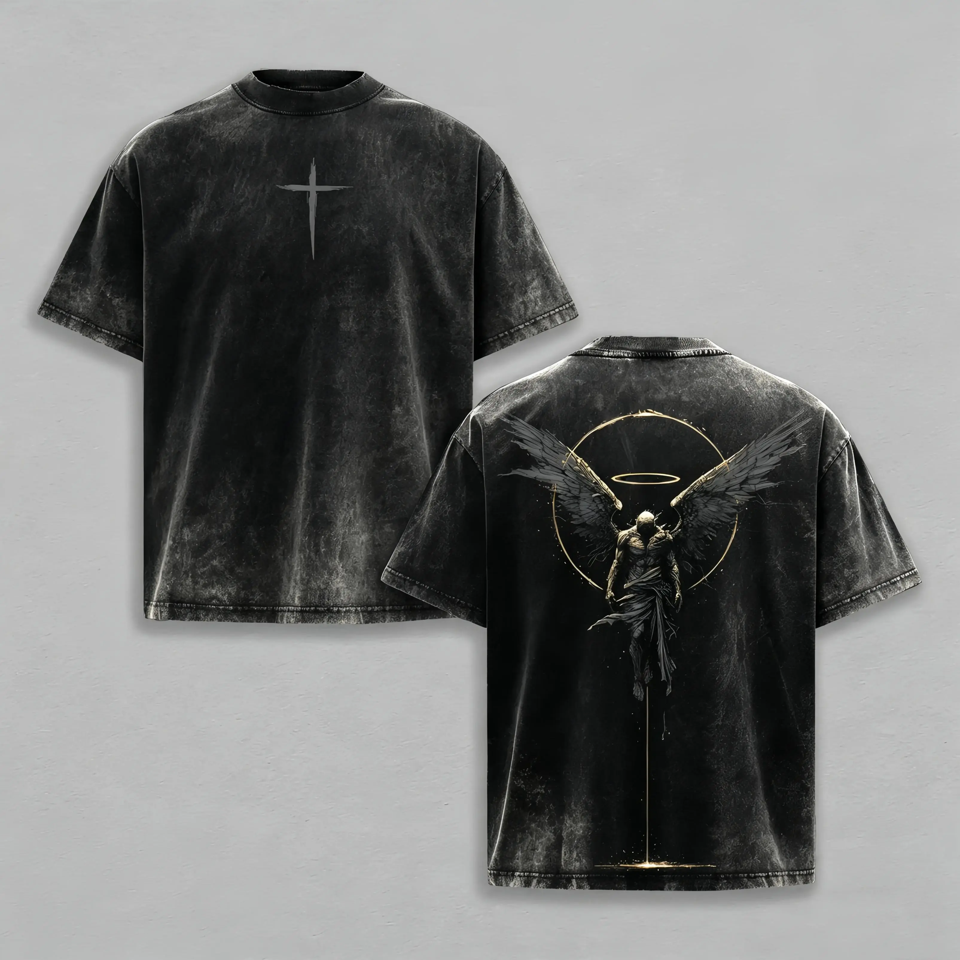 ARCHANGEL OF REPENTANCE T-Shirt Acid Wash Pump Cover Fallen Angel Double Printed Heavy Cotton Unisex Crusader Armor Graphic Tee, Vintage Cross Shirt, Medieval Warrior Streetwear, Gothic Faith Oversized Tee，funny graphic tee, men’s trendy t-shirts