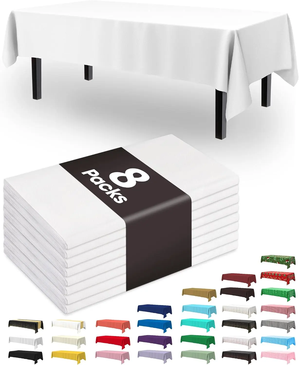 Thickened PEVA Disposable Rectangular White Plastic Tablecloths (8-Pack, 54x108 in) - Leakproof, Sturdy Casual Outdoor Table Covers for Party, Outdoor Tables