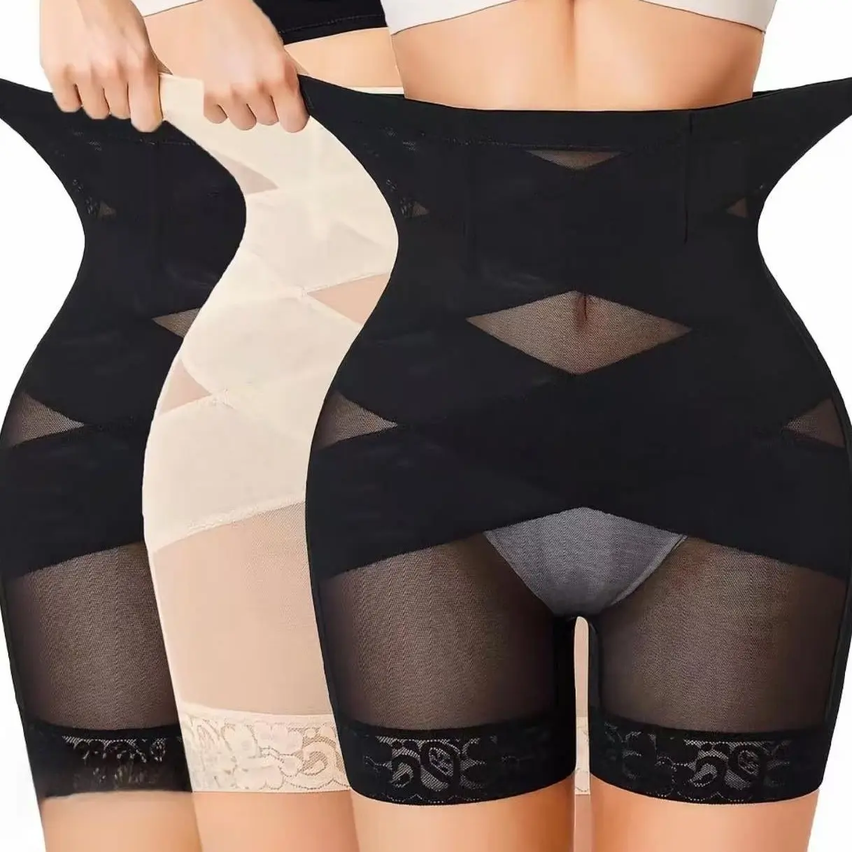Women's High-Waisted Shapewear Shorts - Breathable Lace & Mesh, Tummy Control, Thigh Slimmer, Hip Lift, Body Contouring Shapewear for Women, Fitness Use