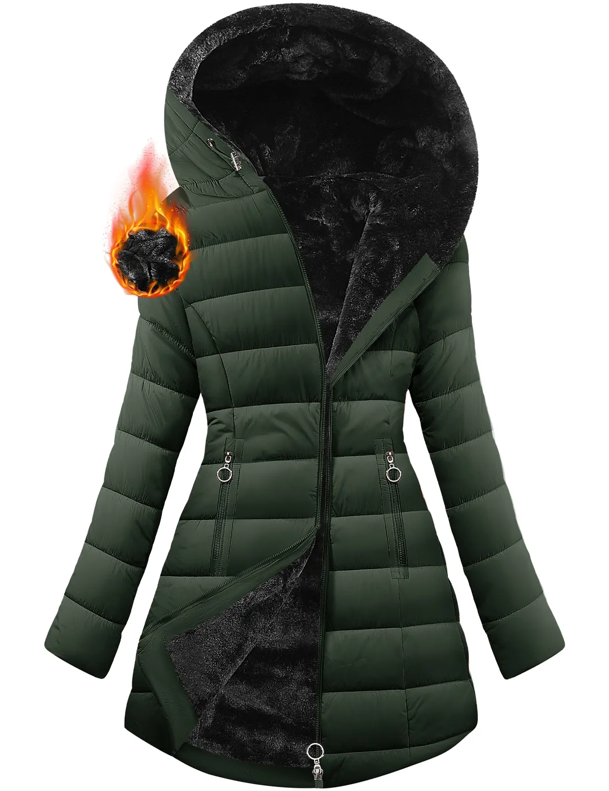 HEEKPEK Lady's Hooded Neck Fitted Long Sleeve Full Arm Down Fabric Jacket - Windproof, Waterproof, Fur-Lined, Zipper Front, Stylish Tops for Women for Commuting, Outdoor Activities