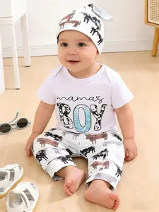 Newborn Baby Boy Round Neck Letter Short Sleeve Romper Pants Hat Set, Spring Summer, Casual, Comfortable and Cute