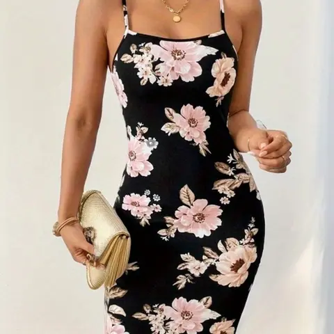Summer Sexy Floral Pattern Print Halter Spaghetti Strap Sleepwear Dress, Fashion Casual Home Dress for Women, Ladies Loungewear Robe, Floral Sleepwear Dresses