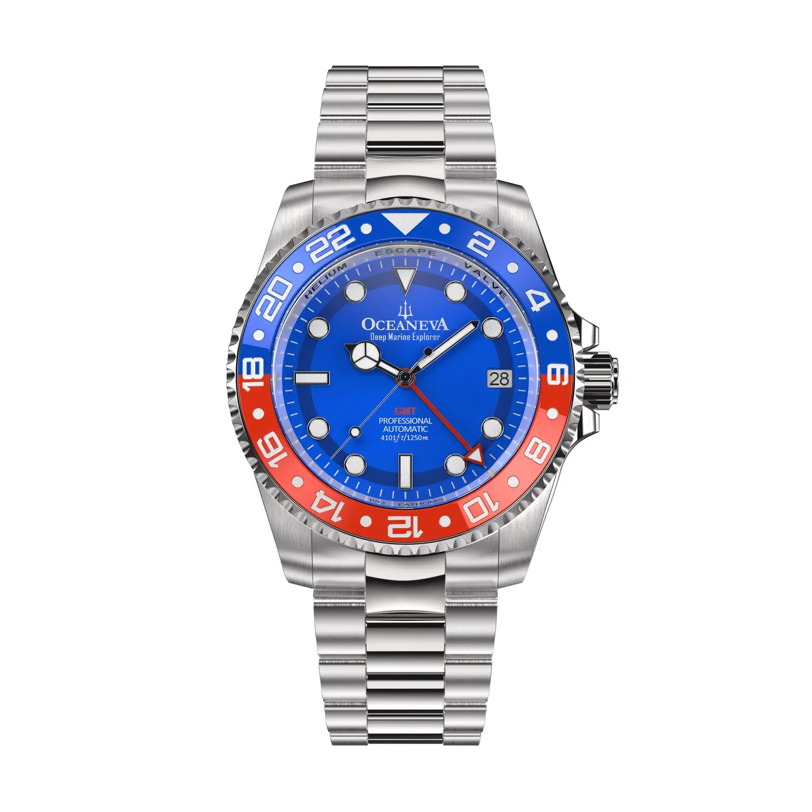Oceaneva™ Men's GMT Automatic Deep Marine Explorer 1250M Pro Diver Red Blue Bezel Blue Dial Watch