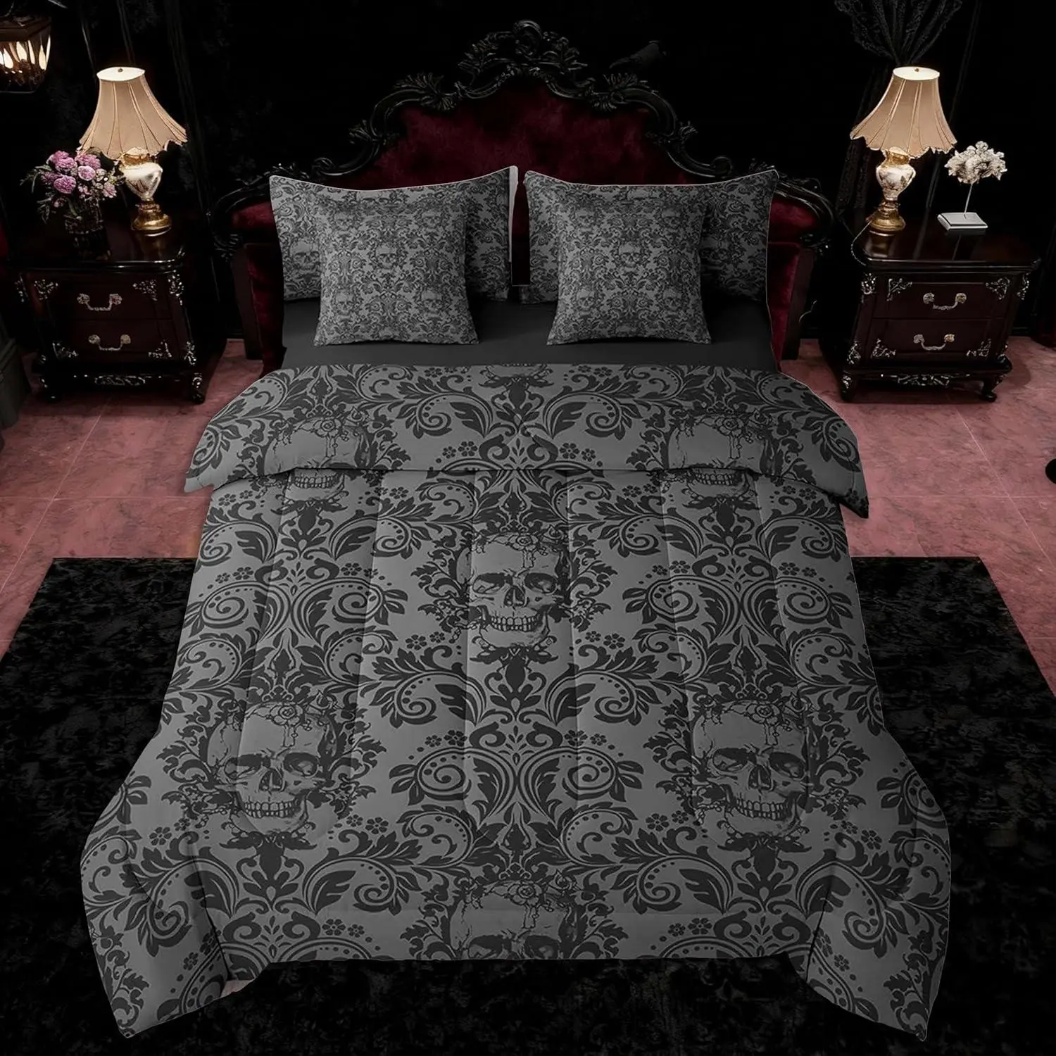 Adults Gothic 7 Pieces Comforter Set Dark Olive Green Damask Skull Bohemia Boho Bedding Set Goth Vintage Victorian Baroque Floral Bed in a Bag