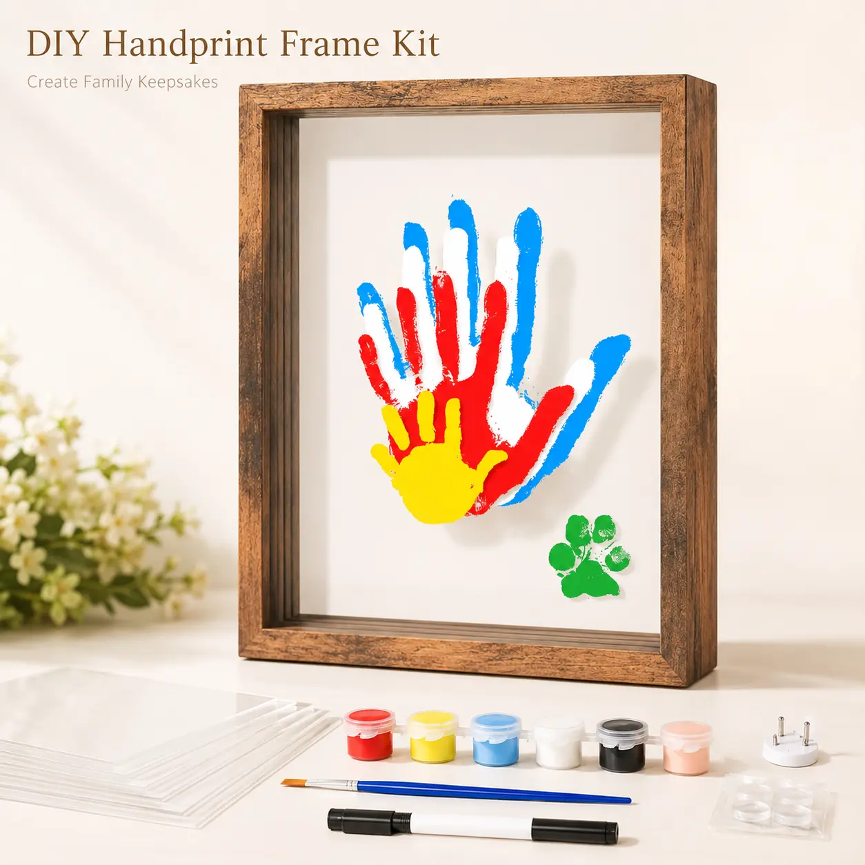 DIY Family Handprint Frame Kit, Solid Wood Shadow Box Keepsake Frame with Acrylic Sheets, Washable Paints, Brush & Marker, Family Handprint Art Craft Kit for Kids, Parents, Baby Nursery Decor, Birthday & Gift, Create Lasting Memories