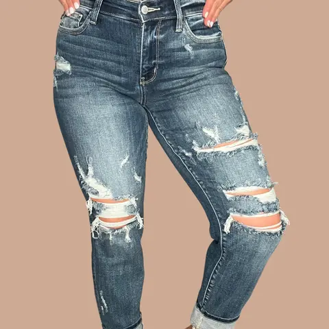 Judy Blue Mid-Rise Cuffed Distressed Jeans