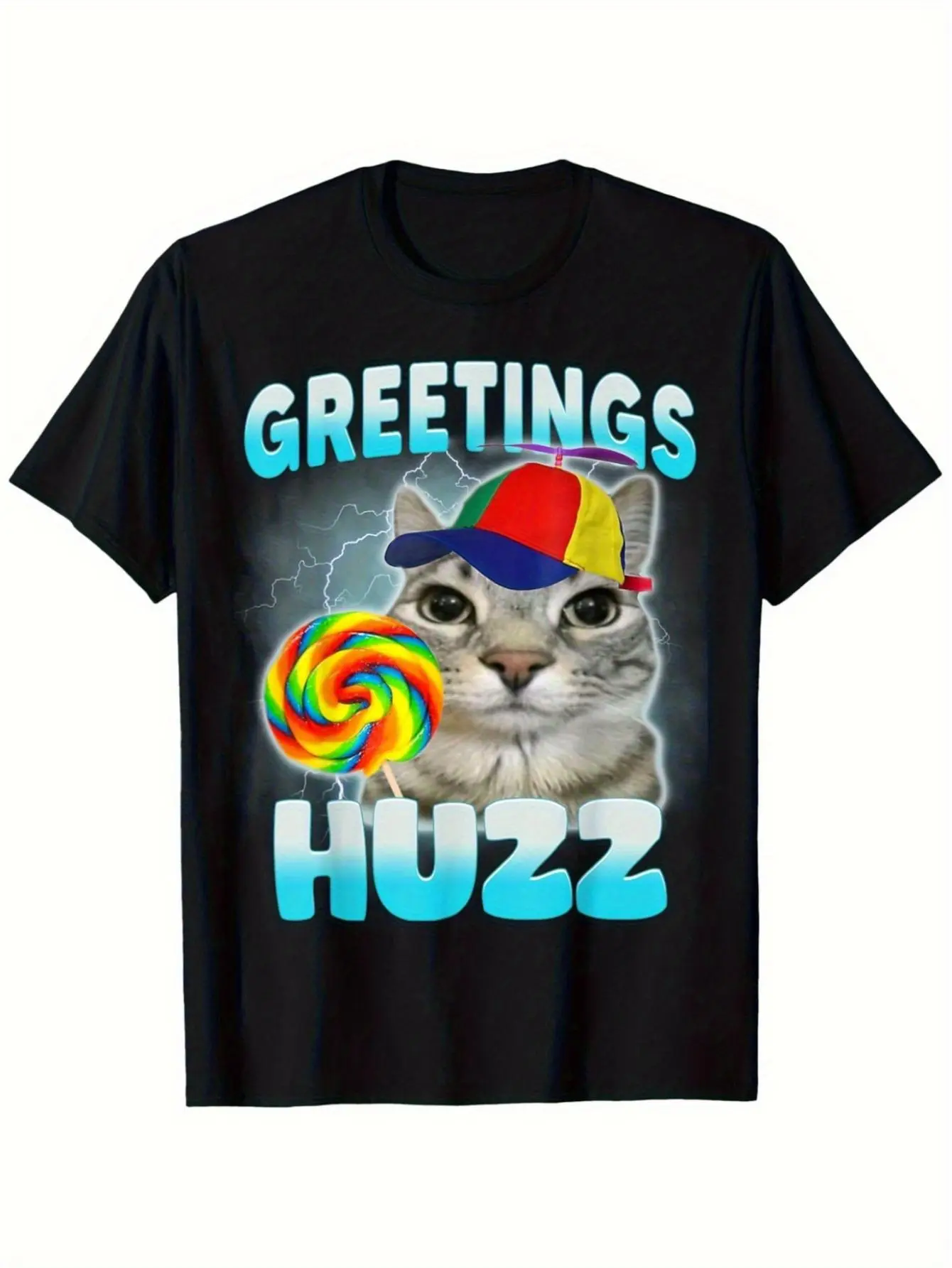 Men's Cotton Short-Sleeve Classic Menswear T-Shirt with Collar, Playful "Where The Huzz At" Cat Meme Design, Comfy Streetwear Basic Tee for Cat Lovers