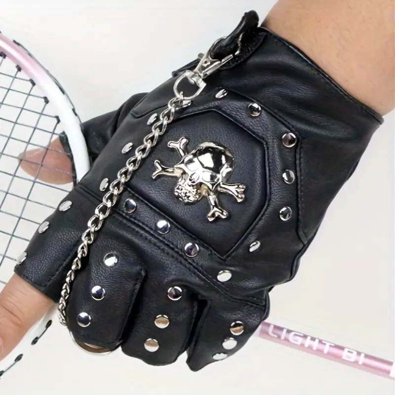 Skull Half Finger Leather Gloves Men's Outdoor Sports Anti-Slip Chain Rivet Punk Gloves Pirate Motorcycle Riding Gloves Novelty Gloves for Performance Riding Gloves