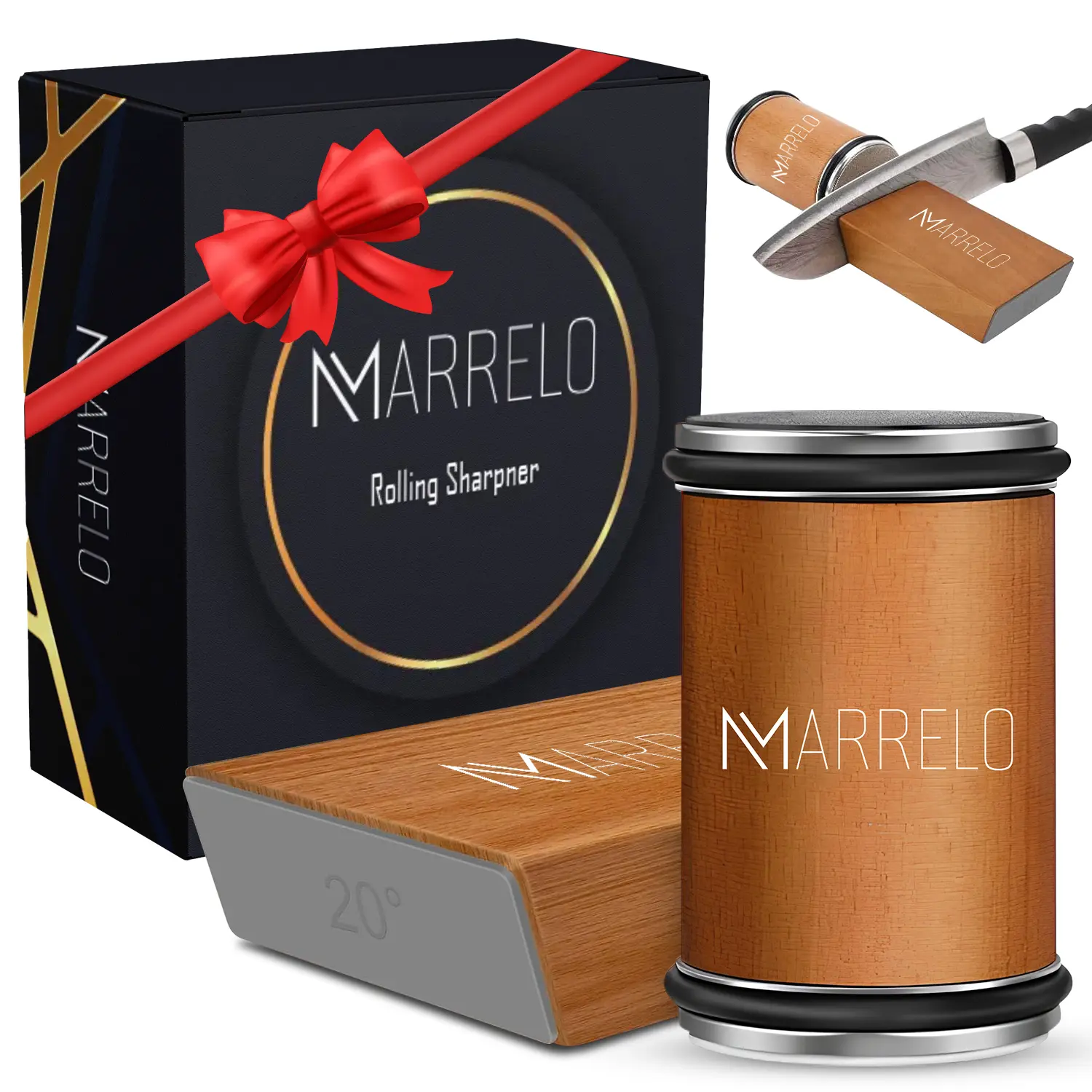 Marrelo Lightweight 2-Piece Compact Portable Rolling Kitchen Knife Sharpener Set - Dual 15/20-Degree Angles, Ceramic/Diamond Discs, Magnetic Guide, Ergonomic Non-Slip Base, for Stainless Steel Knives, Restaurants (Father’s Day Gift Option)
