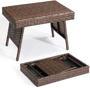 VINGLI Outdoor Folding Rattan Side Table, Portable Wicker End Table for Patio, Garden, Poolside, and Indoor Use, Mix Mocha Lounge