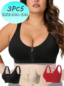 3pcs,Women's Sporty Bra, Full Coverage Medium Support Design, Zipper Closure, Slim Fit Lined Comfortable Everyday Wear, Workout Bra, Yoga Sports Bra, Yoga Activewear