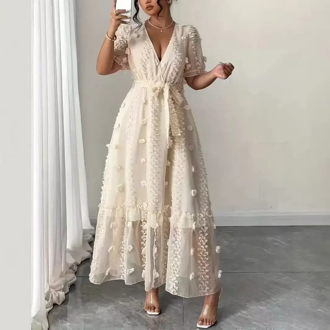 Elegant women’s maxi dress with a V-neckline, bubble sleeves, lace details, ruffled hem, and belted waist-formal beige dress suitable for summer weddings and parties; fits womenswear.