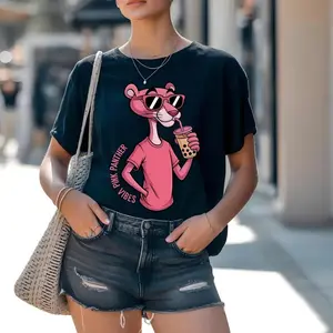 Cute Pink Panther Graphic Tee for Women,Cartoon Pink Panther Drinking Boba Tea Print T-Shirt,Funny Aesthetic Casual Short Sleeve Crewneck Top, Trendy Streetwear Summer Shirt for Ladies,Soft Comfortable Fashion Tee for Daily Wear,Vacation and Casual Outfit