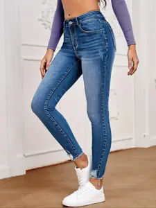 Women's Plain Ripped High Waist Skinny Slim Fit Jeans, Casual Streetwear Chic Fashion Womenswear Cropped Denim Pants for Daily Outdoor Wear, Women Bottoms for Fall & Winter