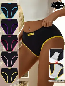 Women's Seamless Fit Panties Fashion Colorblock Triangle Underwear, Breathable Extended Leg Opening, Pack of 5, Comfortable Ladies' Lingerie