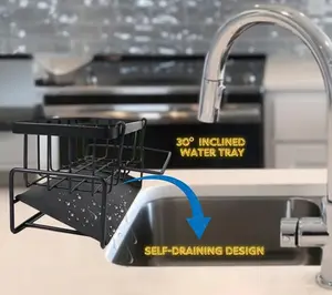 Black Kitchen Sink Caddy Organizer - Sponge Caddy with Self-Draining Tray, Stainless Steel Sink Caddy Kitchen Sink Organizer, Non-Slip Sink Drying Rack for Dishwashing Supplies