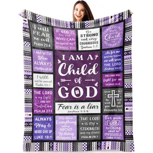 I Am a Child of God Blanket with Bible Verses Scriptures Cross Design, Fear Is a Liar Religious Purple Graphic for Christian Women, Baptism Confirmation Birthday Gift for Catholic, Cozy Soft Flannel Fleece Throw Blanket for Sofa Bed