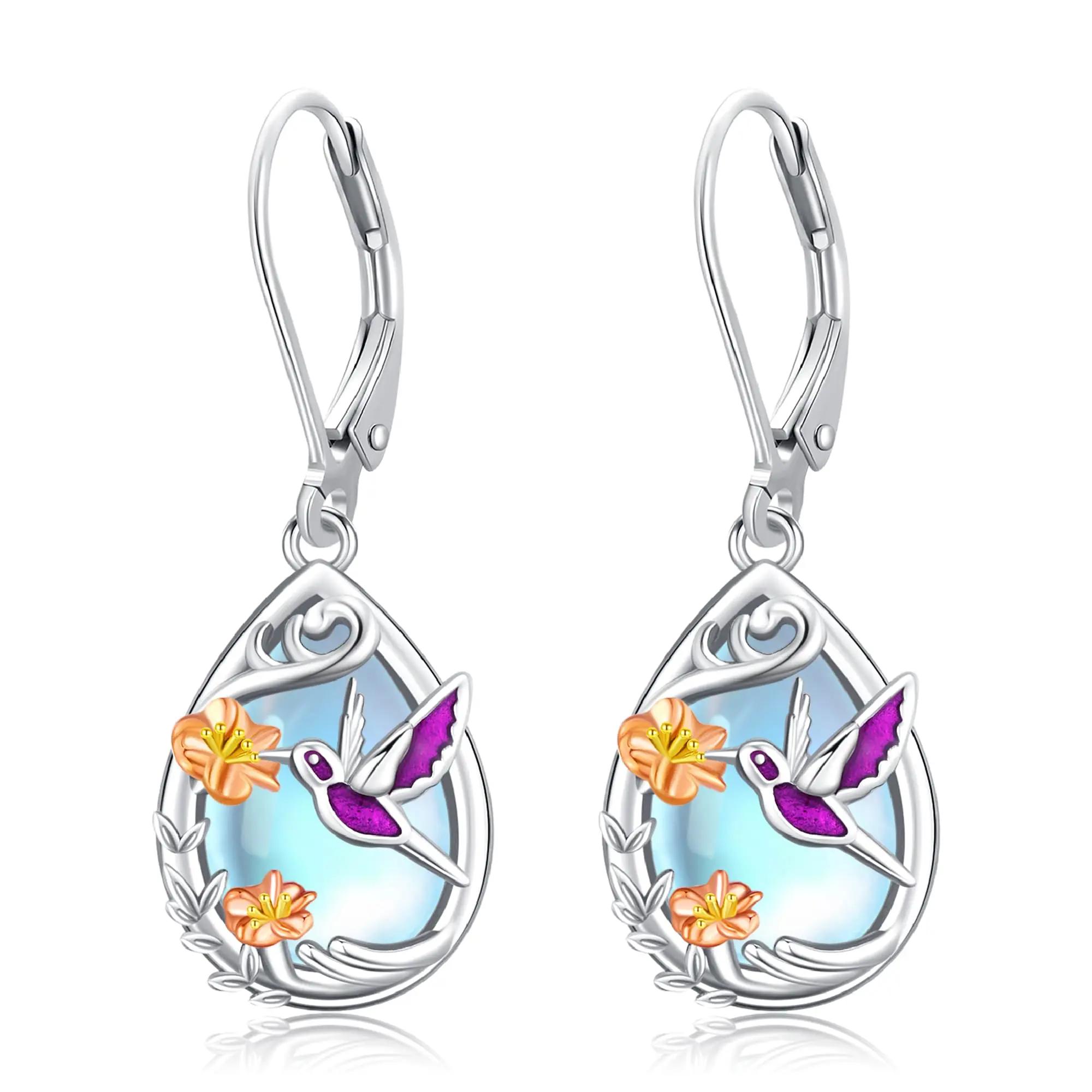 DRINSPER 925 Sterling Silver Hummingbird Moonstone Unique Earrings Jewelry, Women's Fashion Hypoallergenic Nickel-Free Lead-Free Lightweight Dangling Earrings, Cute Earrings