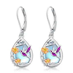 DRINSPER Moonstone & 925 Sterling Silver Earrings Hummingbird Design Silver Earrings for Women