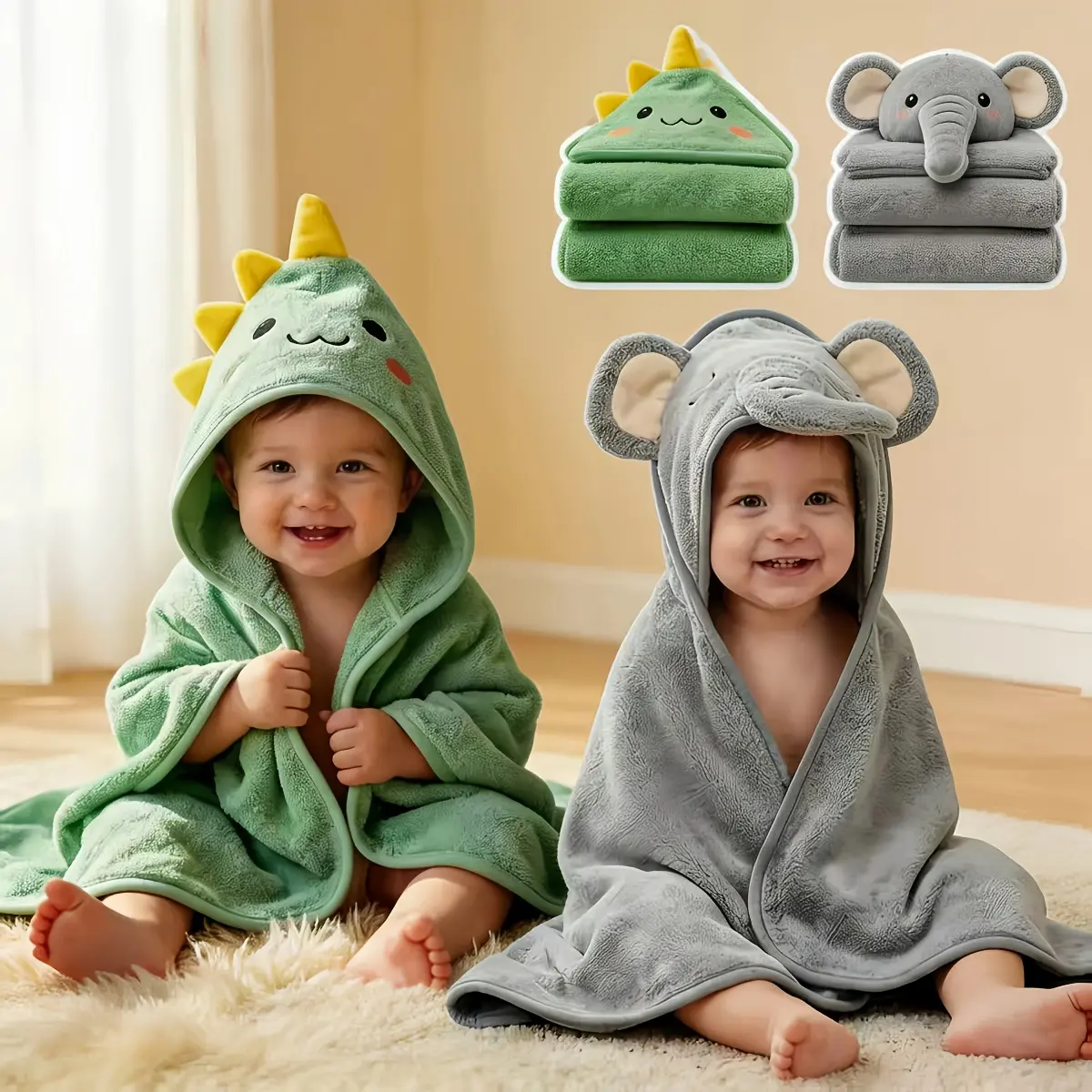 Hooded Towel for Kids, 2 Pack Ultra Soft Coral Fleece Kids Bath Towels, Absorbent Toddler Towels with Hood Age 0-10 Years for Infant Kids,Quick Dry Bath Robe with Cute Animal Design for Little Ones Care