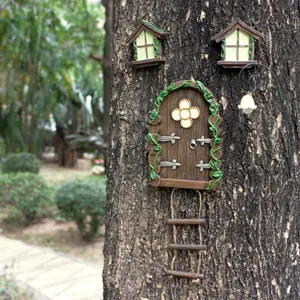 4pcs Fairy Door Goblin House Set, Forest Tree Hanging Decor, Garden Statue Kit, Wall Mounted Fantasy Ornaments, Outdoor Courtyard Decor