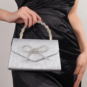 Glittering Champagne Evening Clutch Bag with Elegant Bow, Magnetic Closure, Crystal Embellishments - Ideal for Parties, Weddings, Proms, and Formal Events, Evening Bag