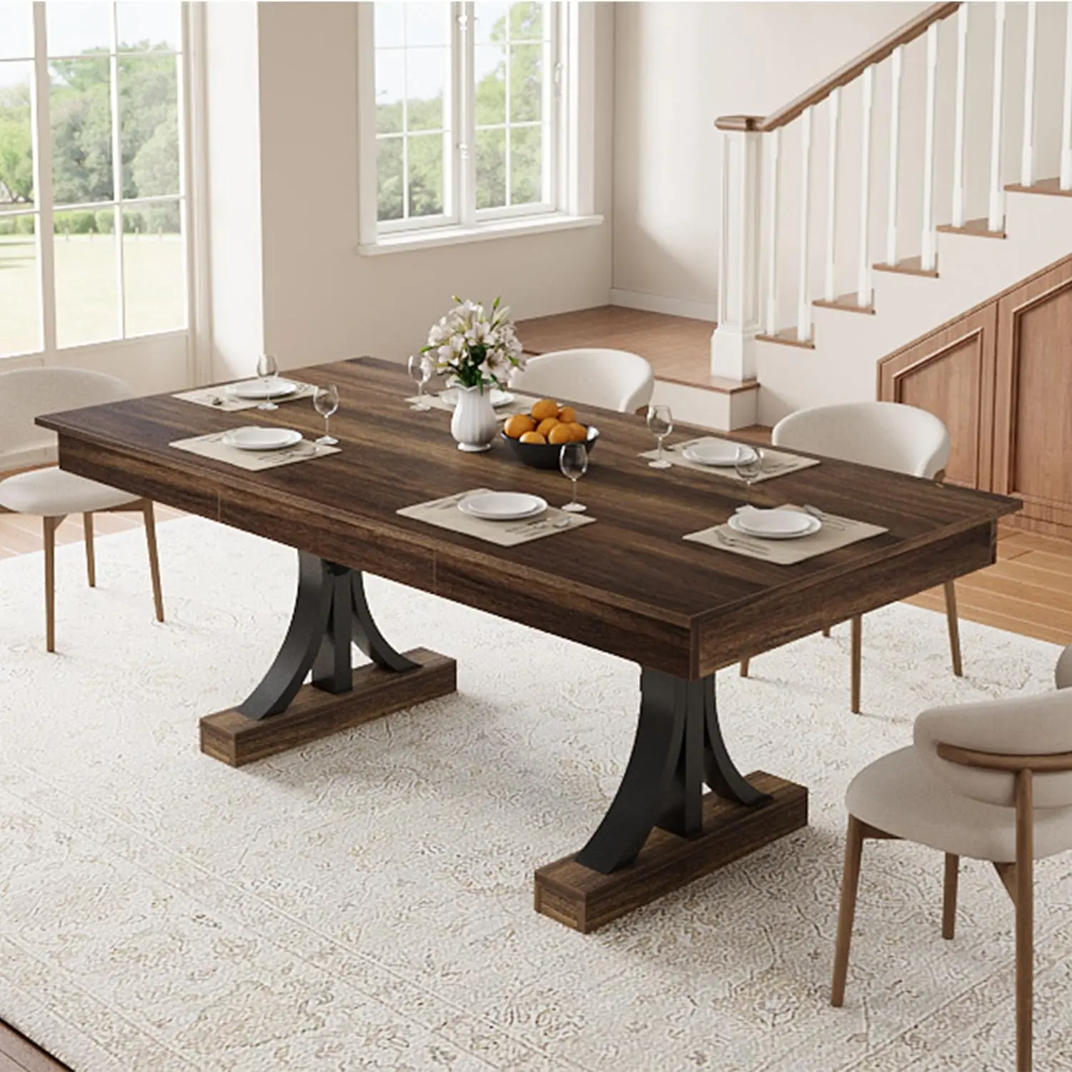 Dining Table for 6-8 with 2 Drawers, Wooden Kitchen Table with Double Pedestal & Large Tabletop, 8 Ft Large Rectangular Dinner Table with Sturdy Frame, for Kitchen, Office