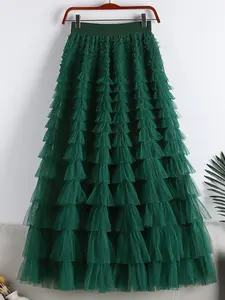 Women's Solid Color Mesh Layered Ruffle Hem Skirt, Elegant Basic Fashion Casual Fitted A Line Midi Skirt for Daily Outdoor Wear, Ladies Bottoms Womenswear for Summer